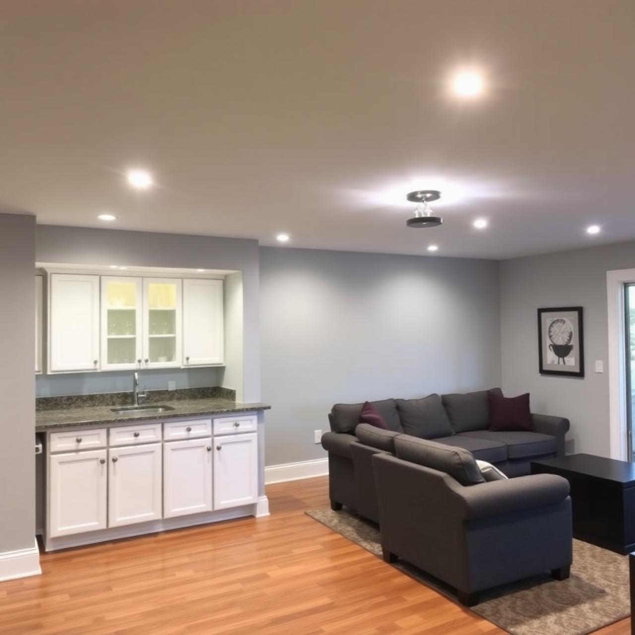 Finished basement with wet bar and recessed lighting