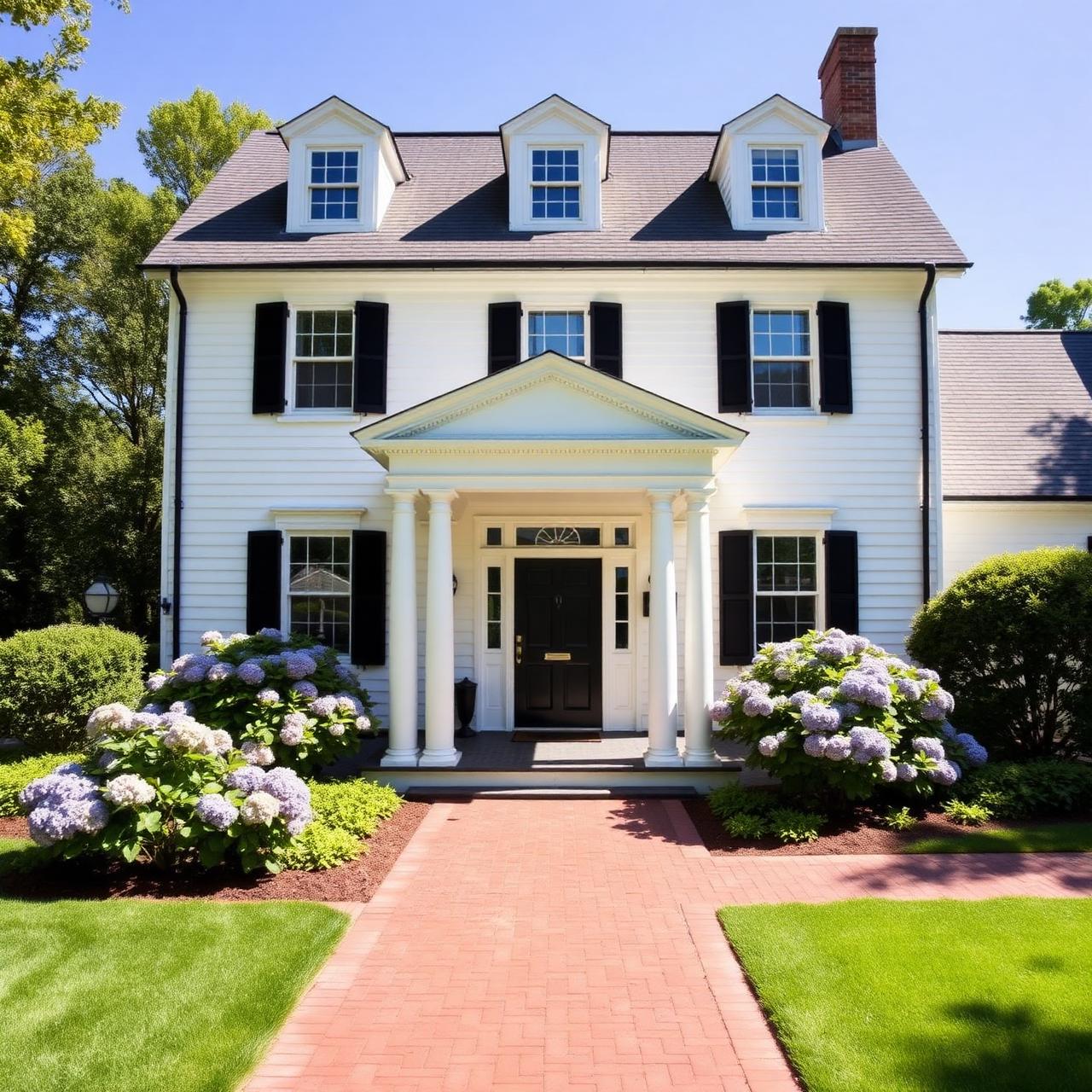 Classic Long Island white colonial with black shutters and brick walkway