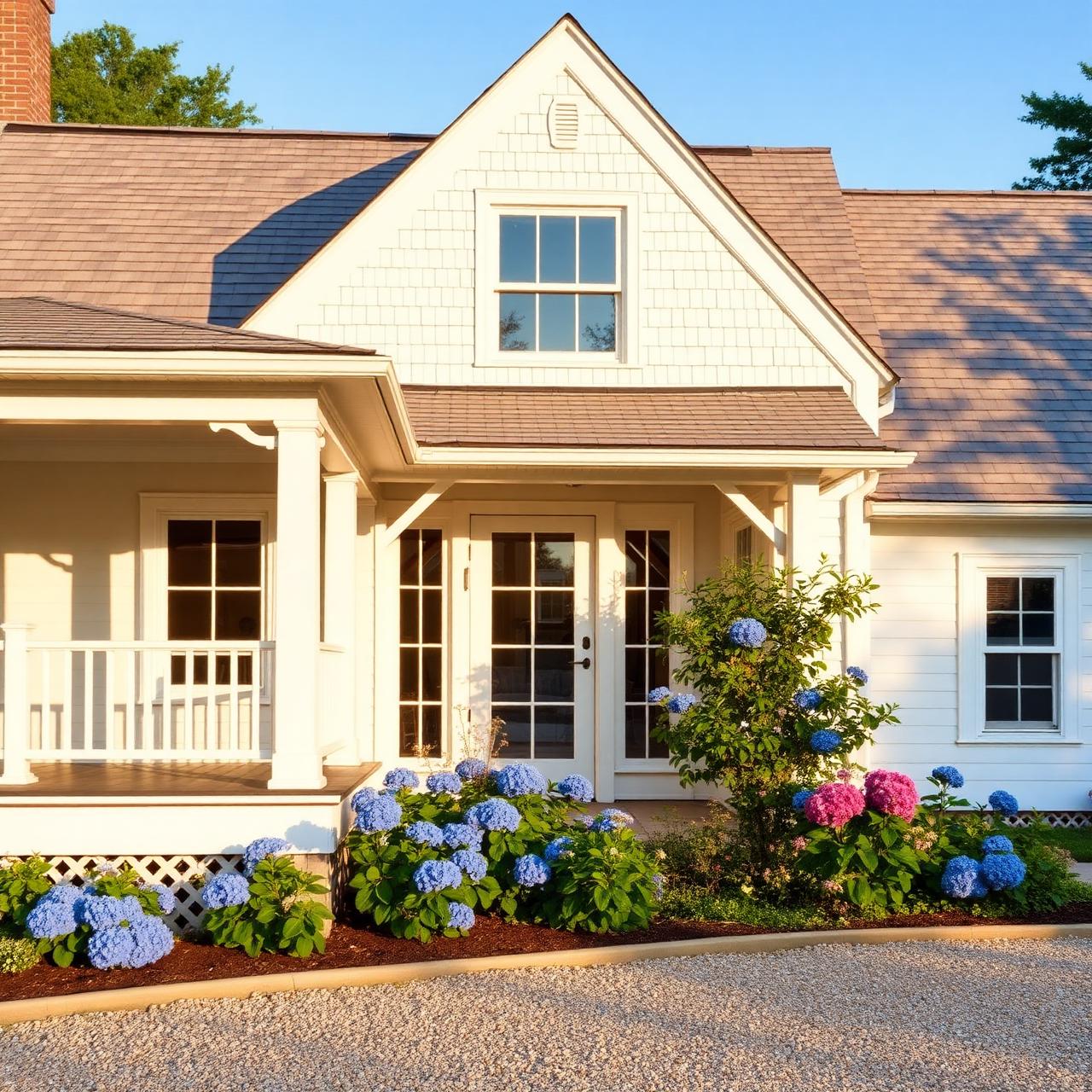 Hamptons-style shingled home with wraparound porch and hydrangeas