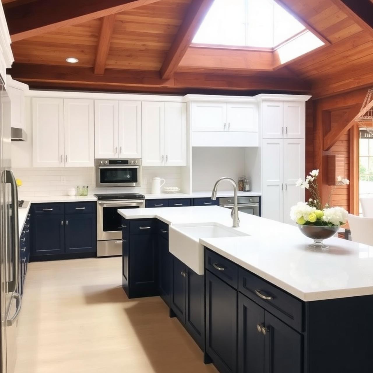 Two-tone kitchen with navy cabinets and quartz counters