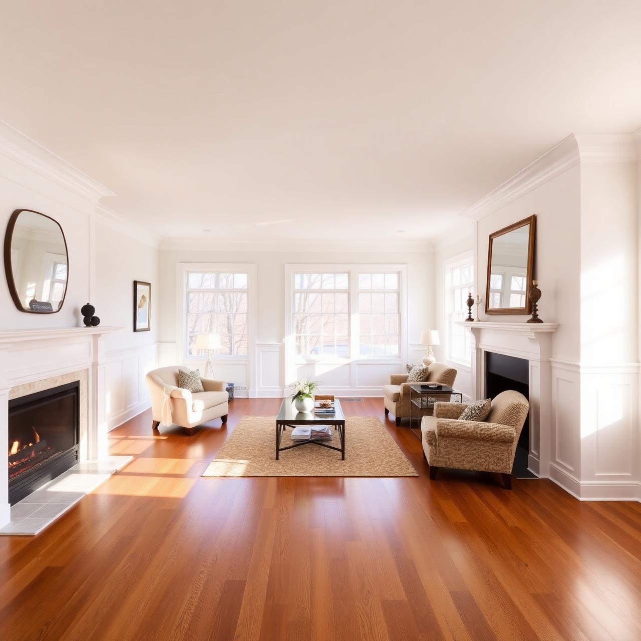 Long Island colonial living room with wainscoting and hardwood floors