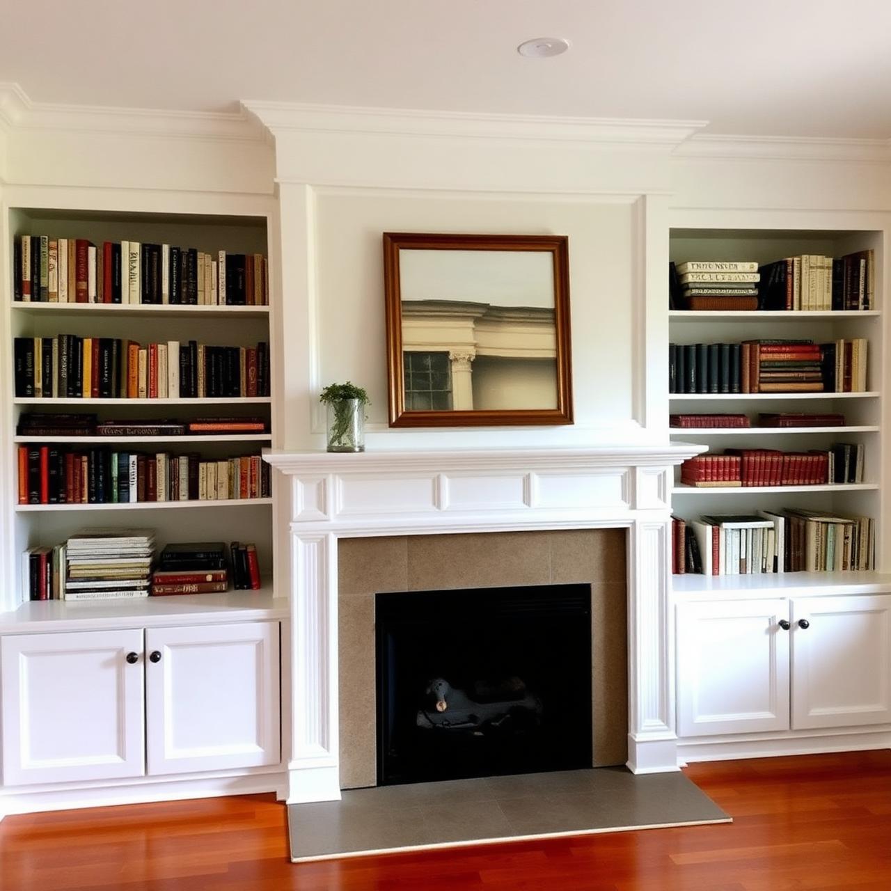 Custom white built-in bookshelves flanking a fireplace