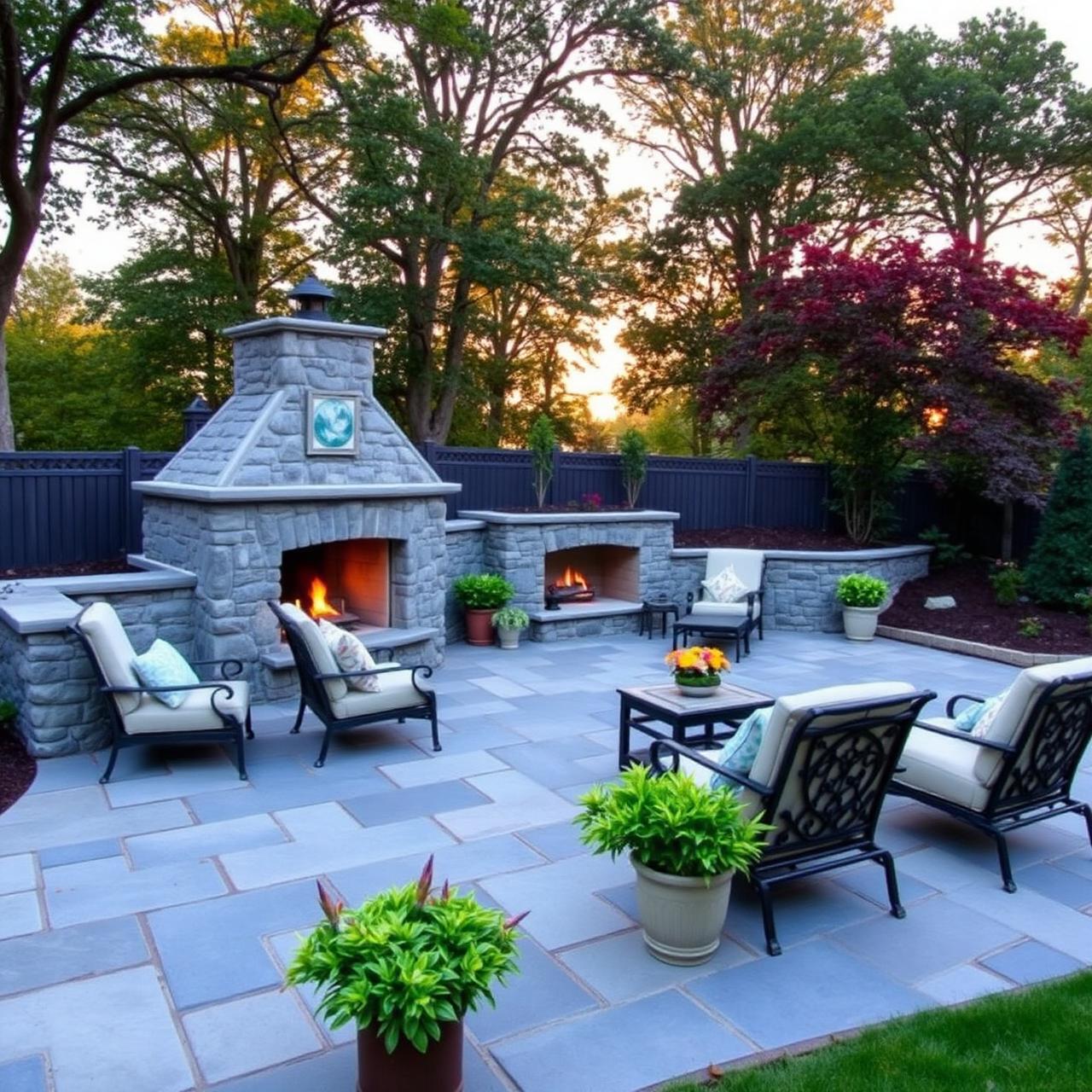 Bluestone patio with stone fireplace behind a Long Island home